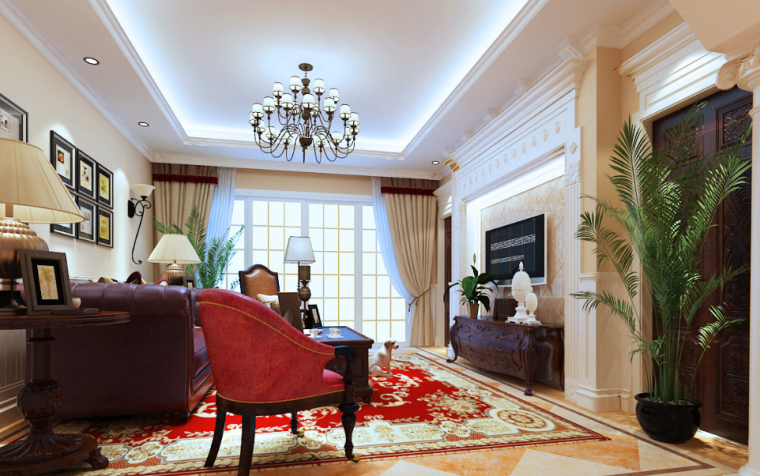 [江苏]美式新古典风格200平四居室住宅设计施工图（附效果图）-客厅效果图