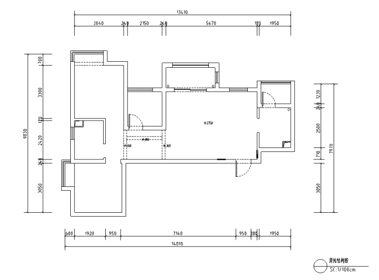 [湖北]欧式田园风格100平米套房住宅设计施工图（附效果图）-原始结构图