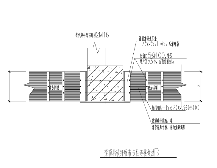 碳纤维梁柱结构加固图-梁顶粘碳纤维布与柱连接做法2