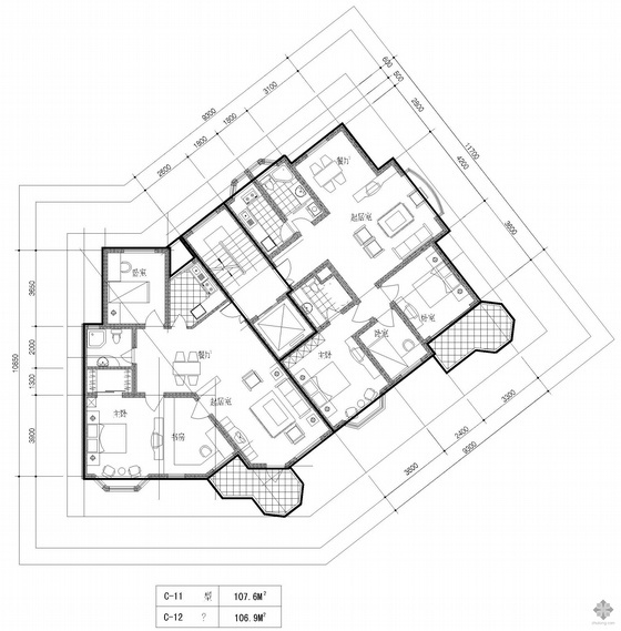 一梯两户高层住宅CAD图资料下载-塔式高层一梯两户户型图(108/107)