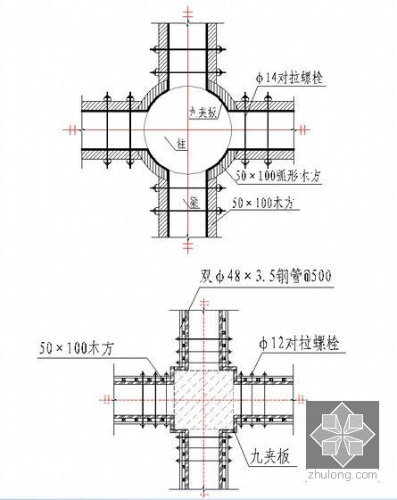 [内蒙古]甲级综合体育馆工程施工组织设计（大跨度钢桁架结构屋盖）-方柱、圆柱的梁柱接头模板示意图