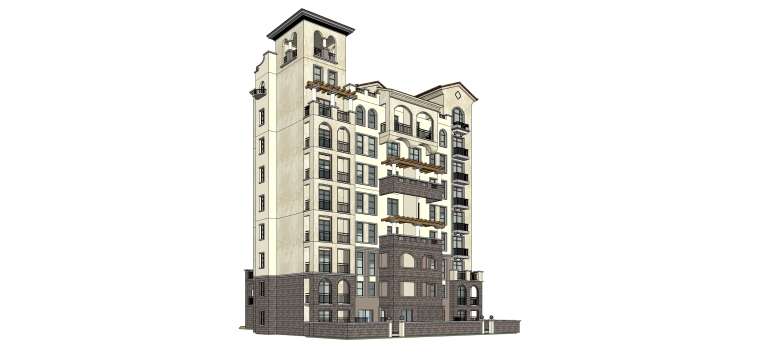 五层住宅楼一梯两户两单元施工图资料下载-欧式风格一梯两户住宅建筑SU模型
