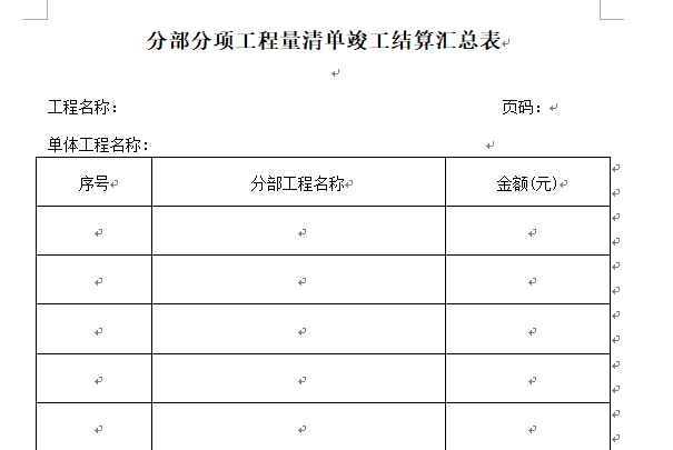 工程清单竣工结算表格-分部分项工程竣工结算汇总表