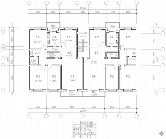 四室二厅户型平面图视频资料下载-板式多层一梯二户四室二厅户型图(153/153)