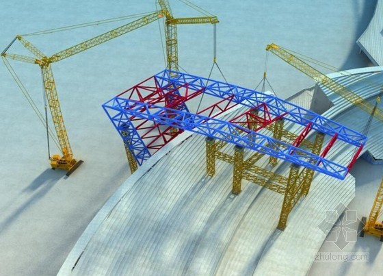 [广东]运动会体育场工程钢结构安装施工技术汇报(附图)-主桁架之间环桁架平面桁架及系杆安装 