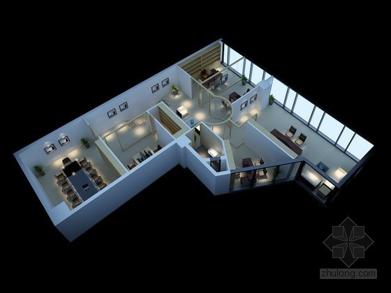 办公桌椅简约资料下载-现代简约办公室鸟瞰图3d模型下载