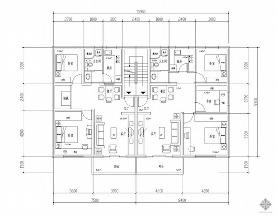 一梯两户户型图80平米资料下载-板式多层一梯两户户型图(80.27/80.27)