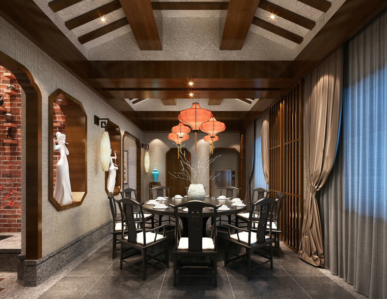 新中式--禅意茶楼餐厅设计施工图（附效果图）-秀就餐区2