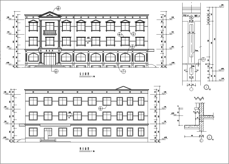 欧式独栋三层餐饮建筑设计方案施工图CAD-欧式三层独栋餐厅建筑设计立面图