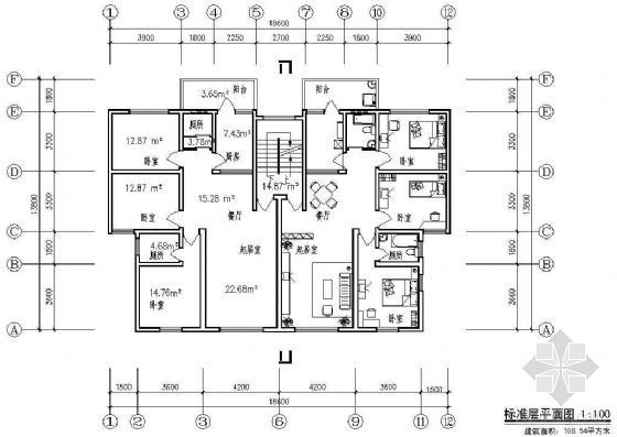 板式屋顶平面资料下载-某板式住宅单元组合平面（二）