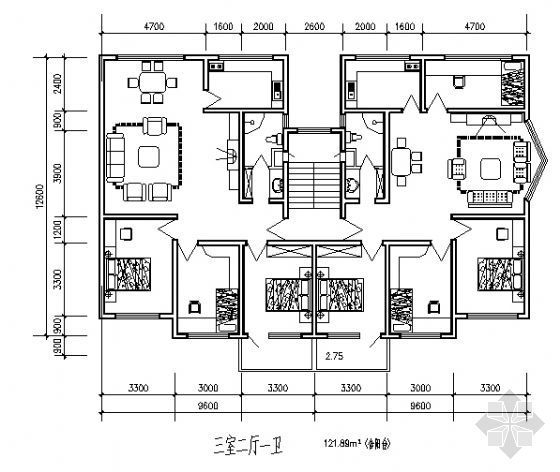 多层洋房三室一卫户型资料下载-三室二厅一卫
