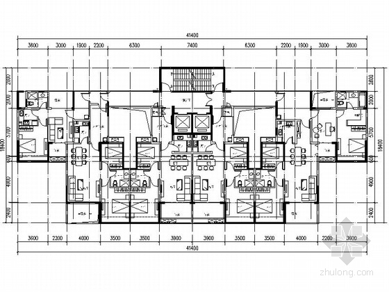 四房一厅图纸资料下载-[万科户型]一核六户高层住宅户型平面图（434平方米）