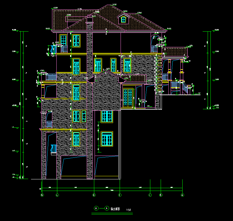 特色风格别墅建筑景观方案设计（包含效果图+CAD）-轴立面图2