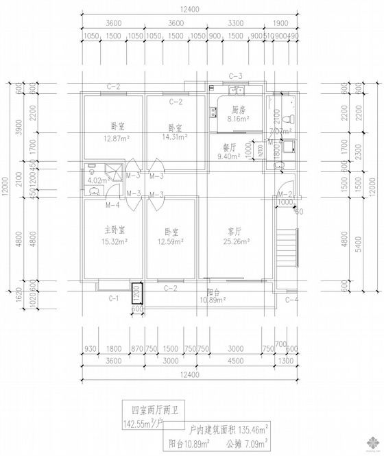 四室户型图cad资料下载-板式多层单户四室二厅二卫户型图(143)