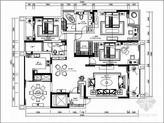 住宅大户型cad平面资料下载-[重庆]某欧式大户型四居室平面图