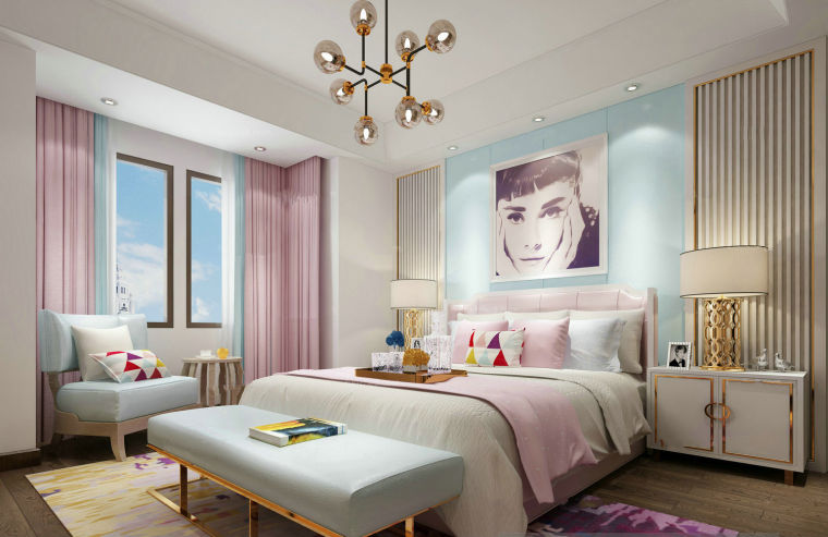 北欧卧室模型3D资料下载-粉蓝色调现代风优雅卧室3D模型