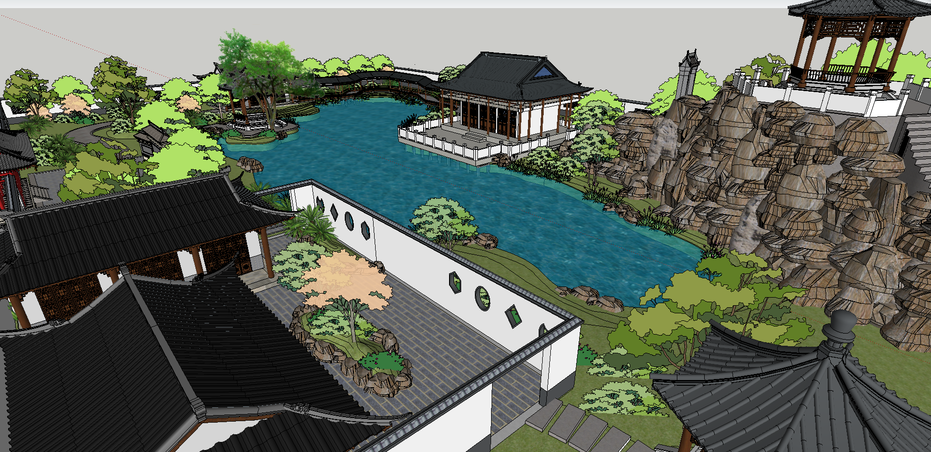 中式古建园林会所院落模型(su模型)-sketchup模型-筑龙渲染表现论坛