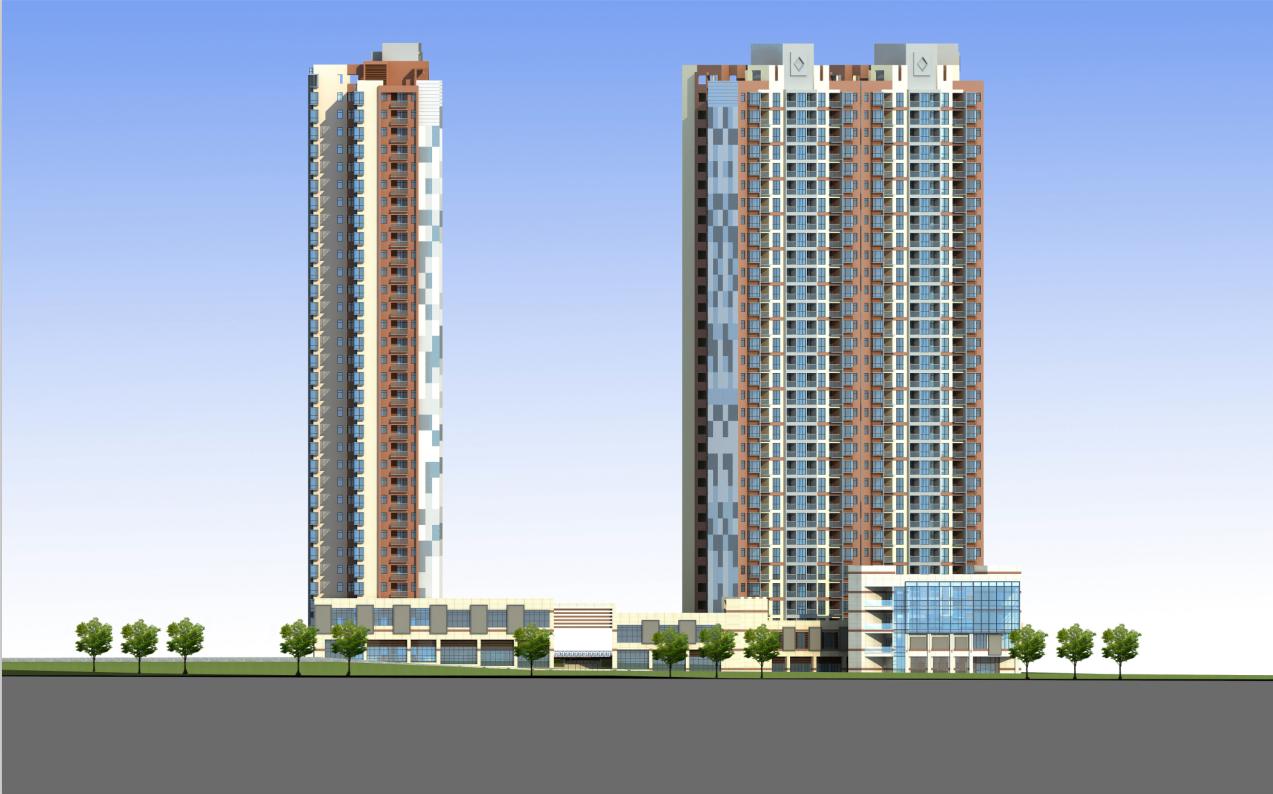 高层简洁明快风格一梯两户式住宅建筑效果图