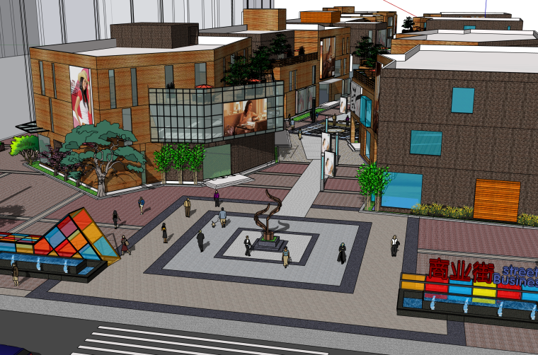 商业步行街建筑su资料下载-岛式商业步行街精细建筑SU模型