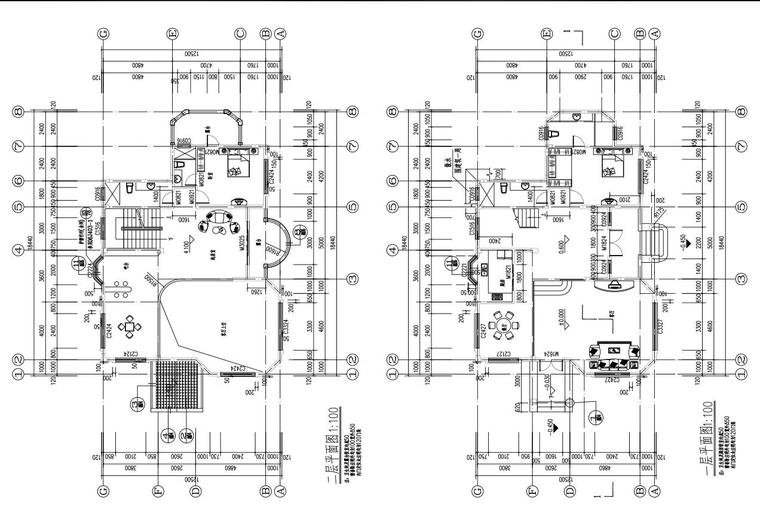 3层独栋别墅建筑设计框架结构（包含效果图+CAD）-一二层平面图