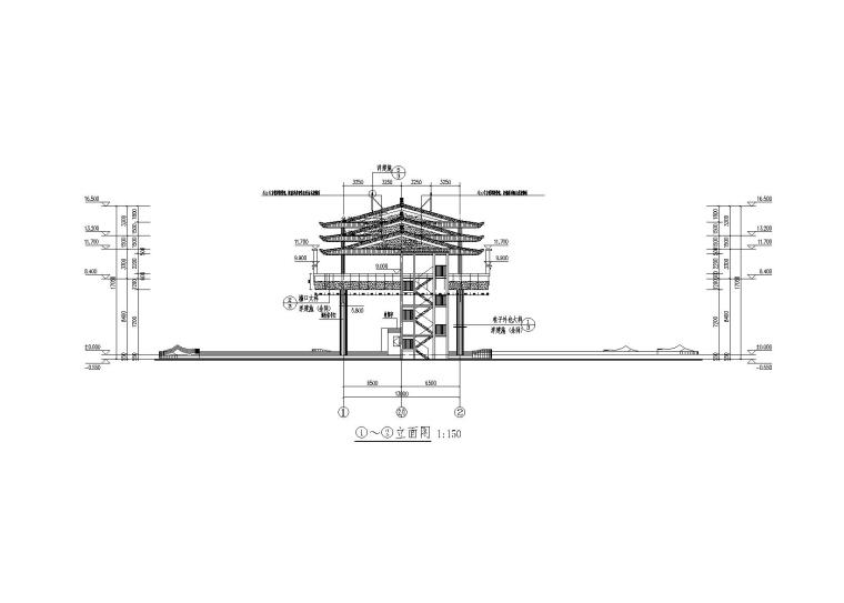 [遵义]二层钢框架结构收费天棚施工图-装饰侧立面图