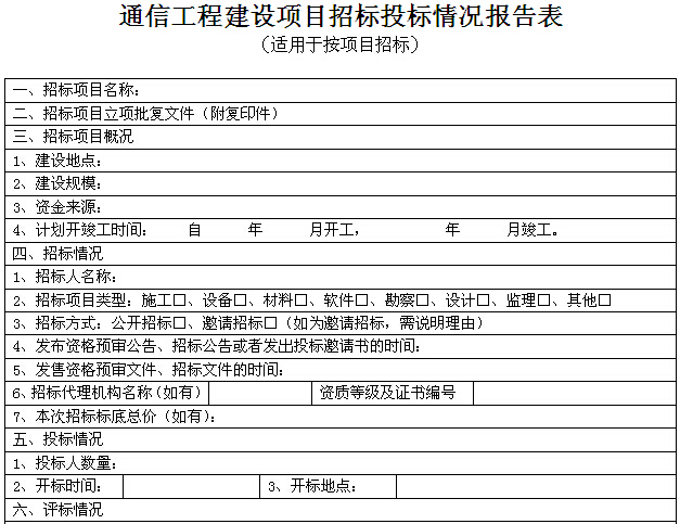 通信工程建设项目招标投标管理办法-通信工程建设项目招标投标情况报告表