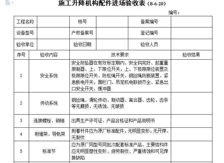 施工升降机施工资料下载-施工升降机构配件进场验收表