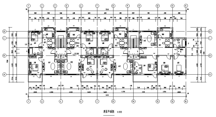 [5层]左右某框架结构住宅楼设计（2700平米、图纸、计算书）-顶层平面图
