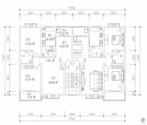 一电两户户型资料下载-板式多层一梯两户户型图(106/106)