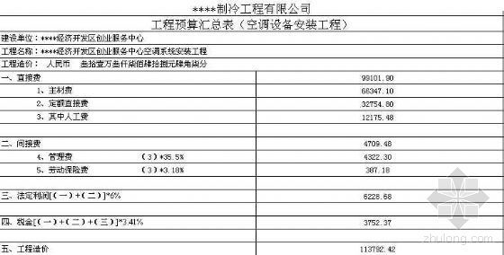 空调风管预算实例资料下载-武汉某开发区创业服务中空调系统安装工程预算书
