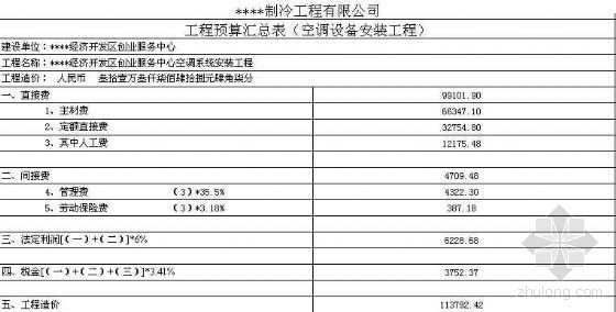 空调系统报价资料下载-武汉某开发区创业服务中空调系统安装工程预算书