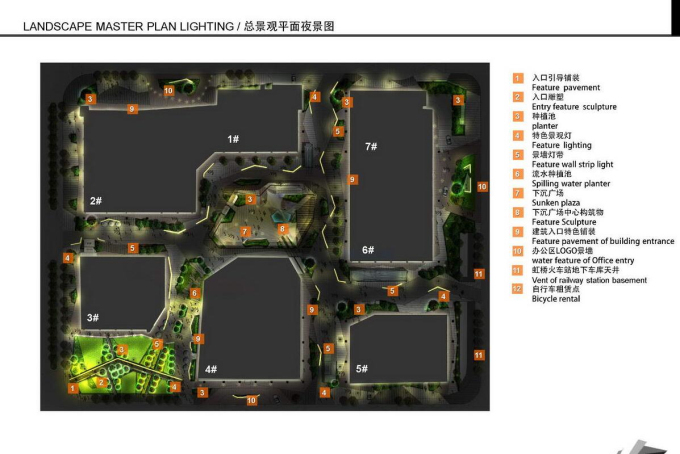 [上海]万科可持续景观商务区规划方案设计-知名地产虹桥商务区景观夜景总平面图