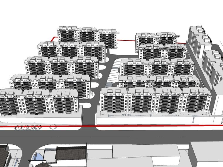 新中式商业街CAD资料下载-东方新古典，2层中式规划模型商业街SU模型