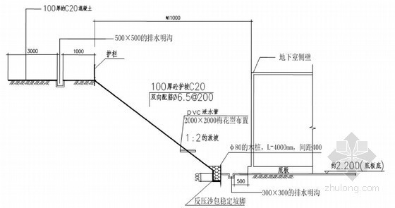 [广东]地下车库基坑挂网喷锚支护及降水施工方案-基坑挂网喷浆支护剖面图 