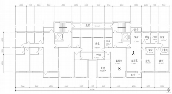 54平公寓户型图资料下载-塔式高层一梯二户公寓建筑户型图(143/103)