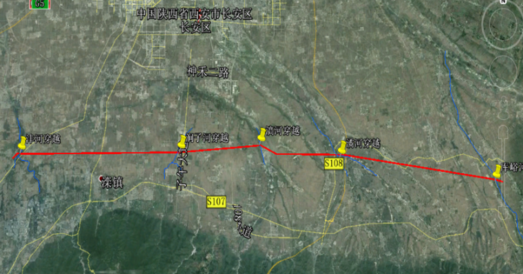 天然气管道关中环线防洪评价-长安区沣河太平峪河穿越-2长安区境内管线走向示意图