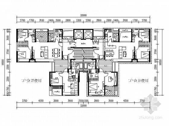 四房一厅图纸资料下载-[万科户型]一核四户高层住宅户型平面图（300平方米）