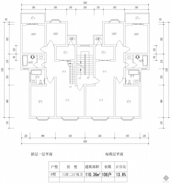 二梯6户二室资料下载-板式多层一梯二户二室二厅一卫户型图(110/110)