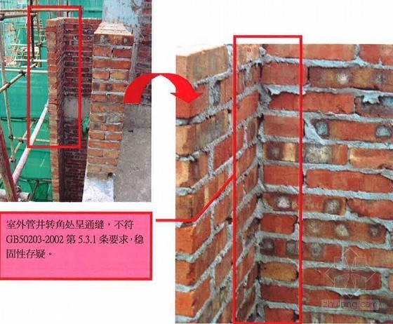 传统砌块砌筑施工质量通病案例分析（图）-砖砌管井转角处呈通缝 