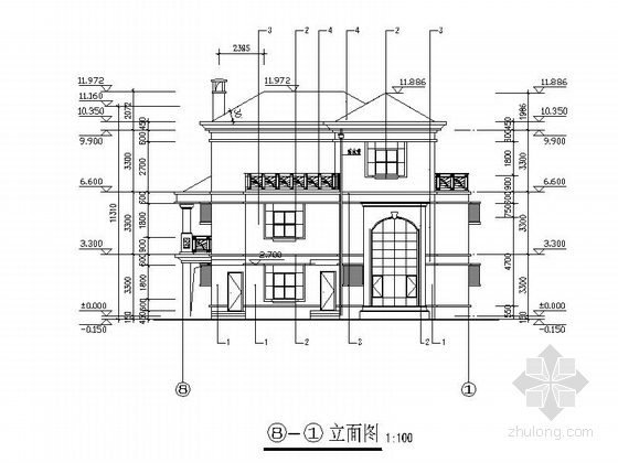[广东]三层别墅建筑施工图(三厅五卧五卫 约190平米)-三层别墅建筑立面图