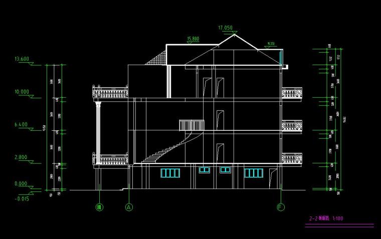 三层带阁楼复古独栋别墅建筑设计（框架结构）-剖面图