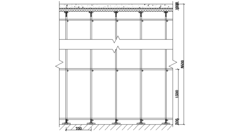 [广州]马匹运动训练场场地平整及边坡防护完善工程W28W29挡土墙高支模施工方案-模板设计剖面图(楼板宽向)