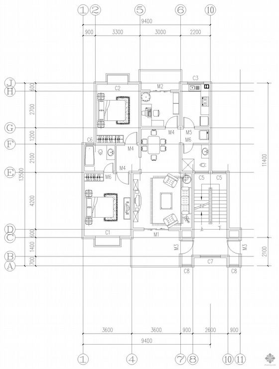 18层板式住宅户型图资料下载-板式多层一梯两户户型图(112/112)