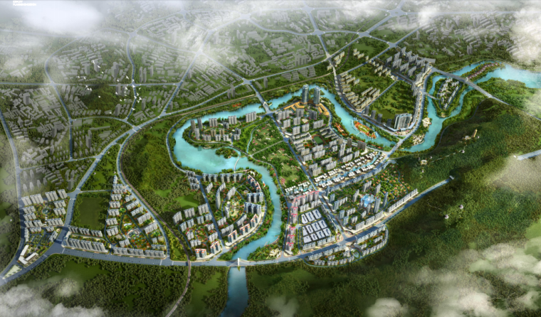 [湖南]东安滨江国际新城概念性总体规划与城市设计-[湖南]东安滨江国际知名地产概念性总体规划与城市设计 A-2鸟瞰效果图