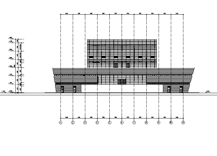 [江苏]六层梯形造型框架结构图书馆建筑施工图(含全专业图纸）-六层梯形造型框架结构图书馆建筑立面图