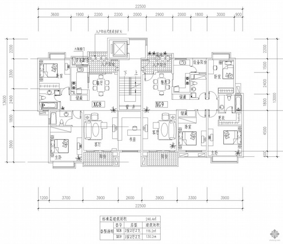 四户一梯两户设计资料下载-板式高层一梯两户三室二厅二卫户型图(116/130)