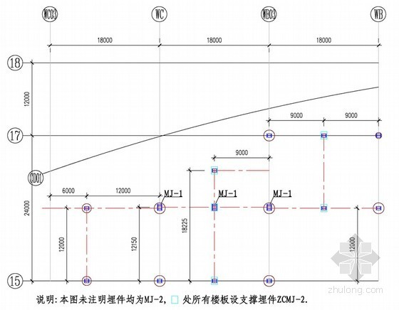 [云南]机场彩带安装型钢平台加固搭设施工方案-7号彩带加固区域埋件定位图 