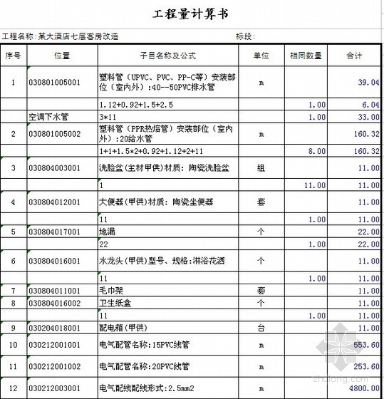 某酒店装修工程结算书资料下载-某大酒店七层客房改造工程竣工结算实例（2010-11）