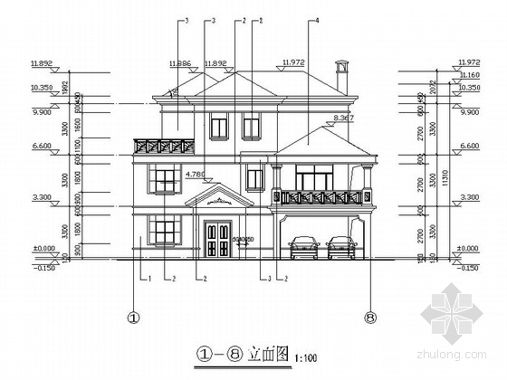 [广东]三层别墅建筑施工图(三厅五卧五卫 约190平米)-三层别墅建筑立面图 