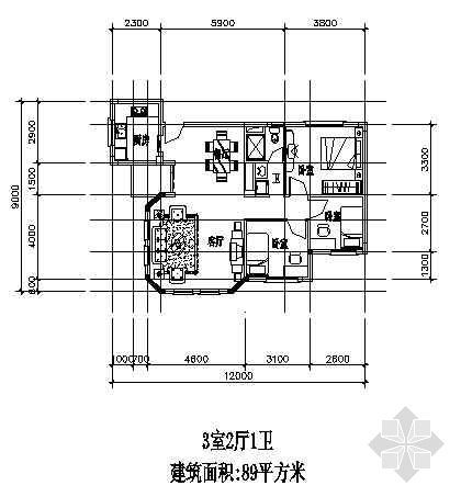 三室两厅一厨一卫一梯户型图资料下载-三室两厅一厨一卫89平方米